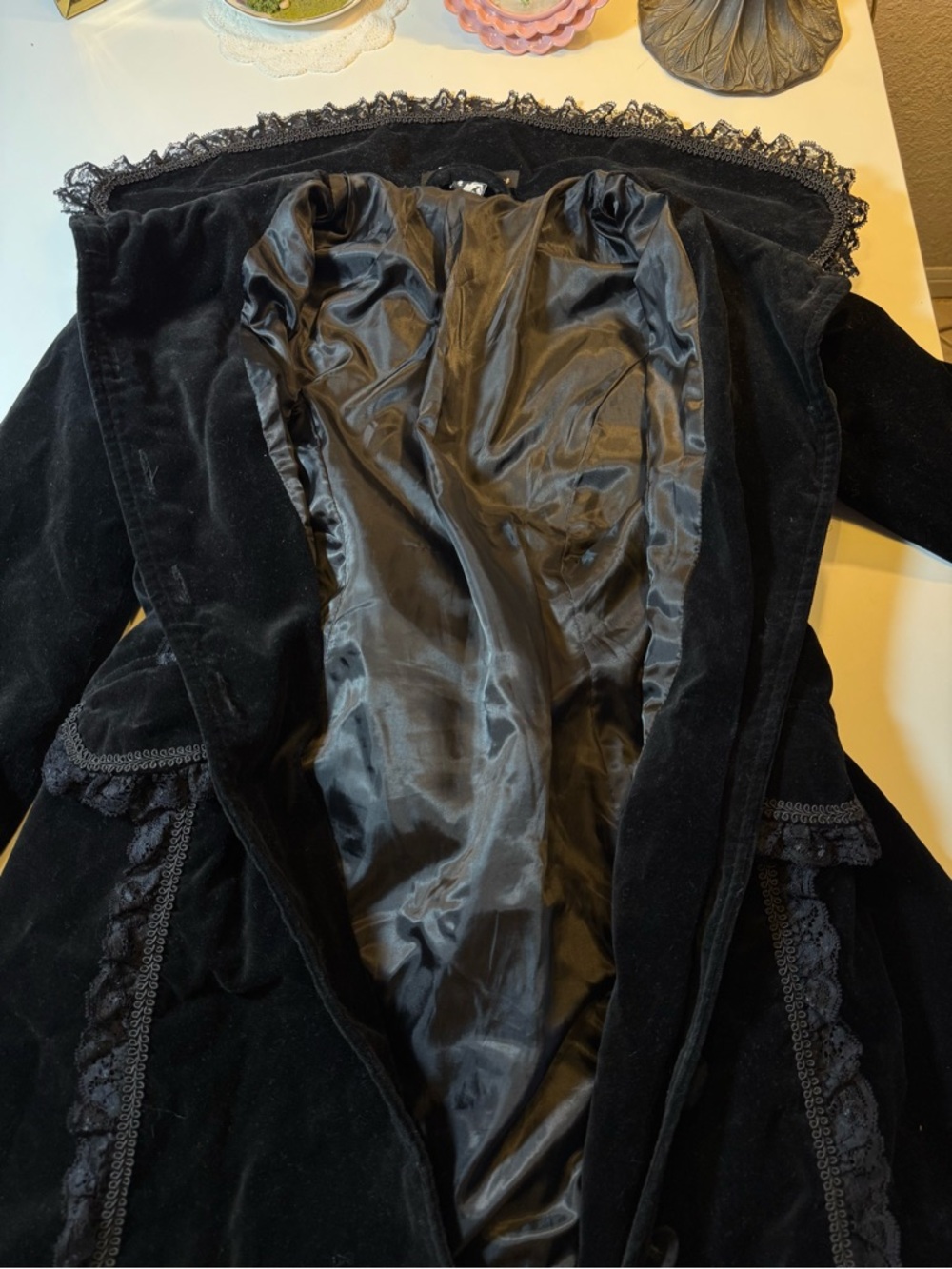 Spin Doctor Black Velvet Lace-Trimmed Goth Steampunk Victorian Coat - Picture 9 of 16